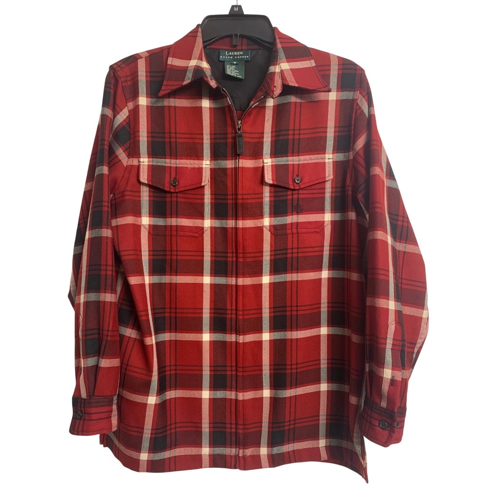 Lauren Ralph Lauren Red Plaid 100%‎ Wool Zip Front Shirt Jacket  M